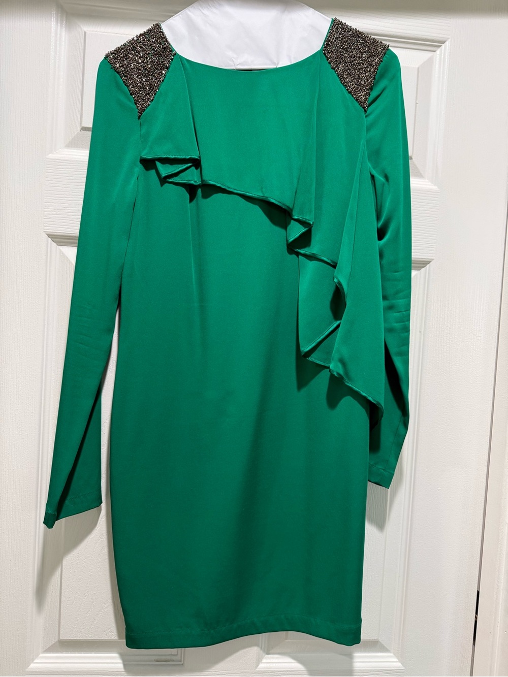 Robert Rodriguez Emerald Green Long-Sleeve Ruffle Dress with Beaded Shoulders